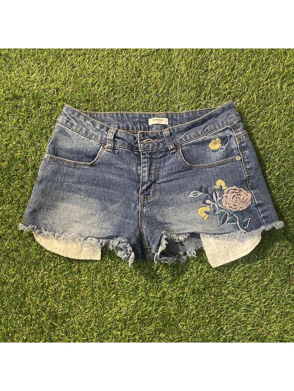 Y2K BEBE Kids Blue denim shorts with embroidered rose and leaf design